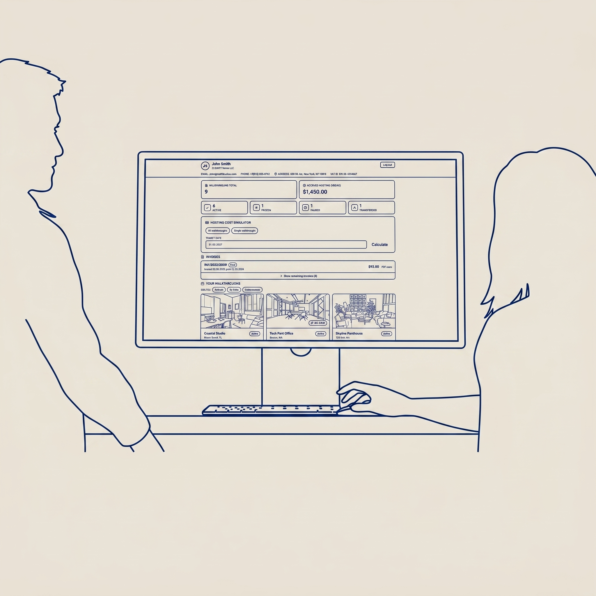 ScanPilots client portal on a phone — walkthroughs, invoices and one-time email code login